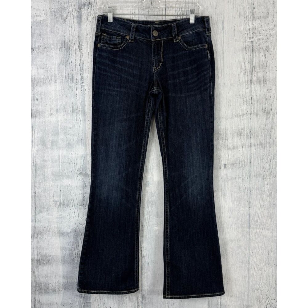 Silver SUKI Mid Rise Boot Cut Jeans Womens 30x32 Whiskered Dark Wash Blue Denium